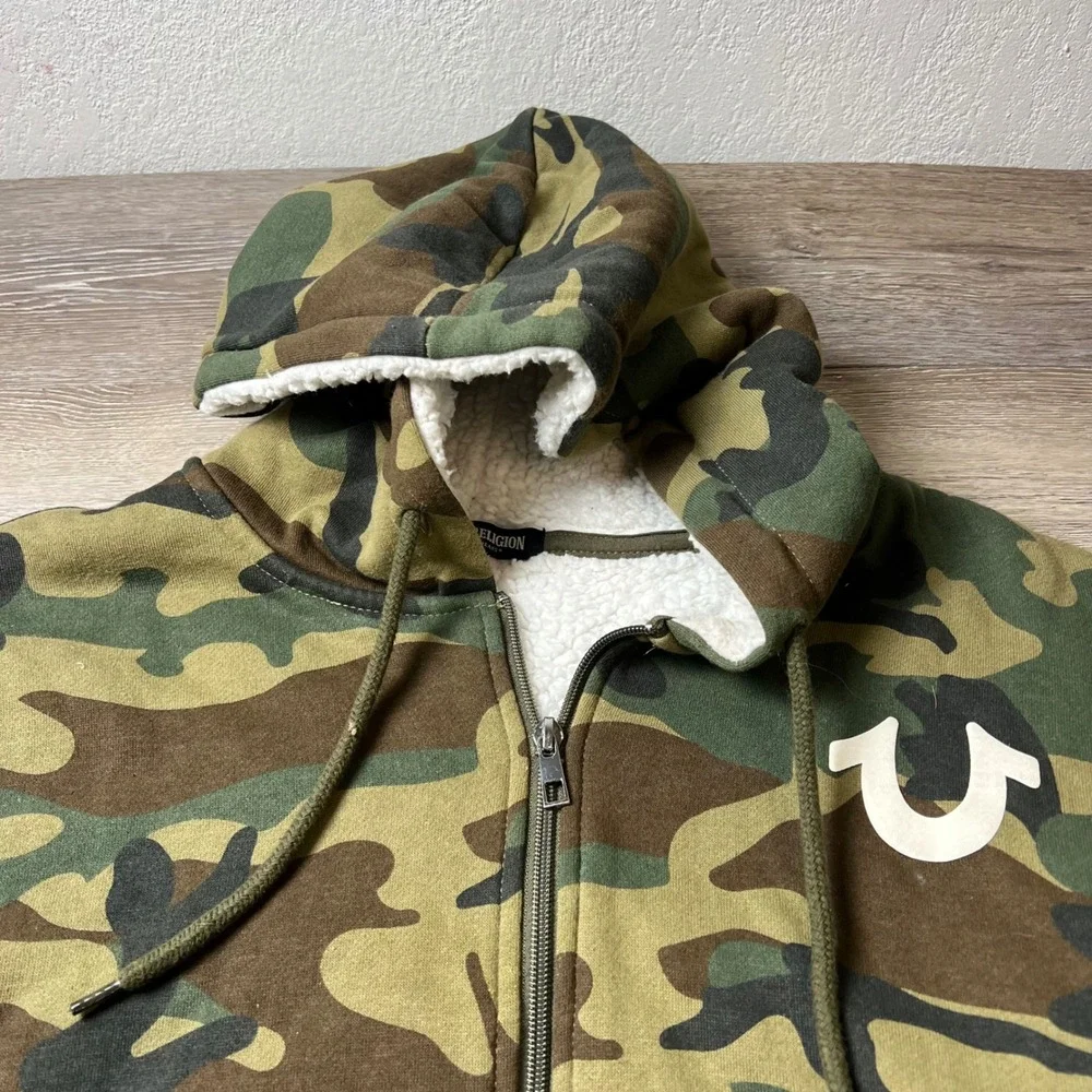True Religion Hoodie Mens Camo Sherpa Lined Buddha Graphic Full Zip Jacket